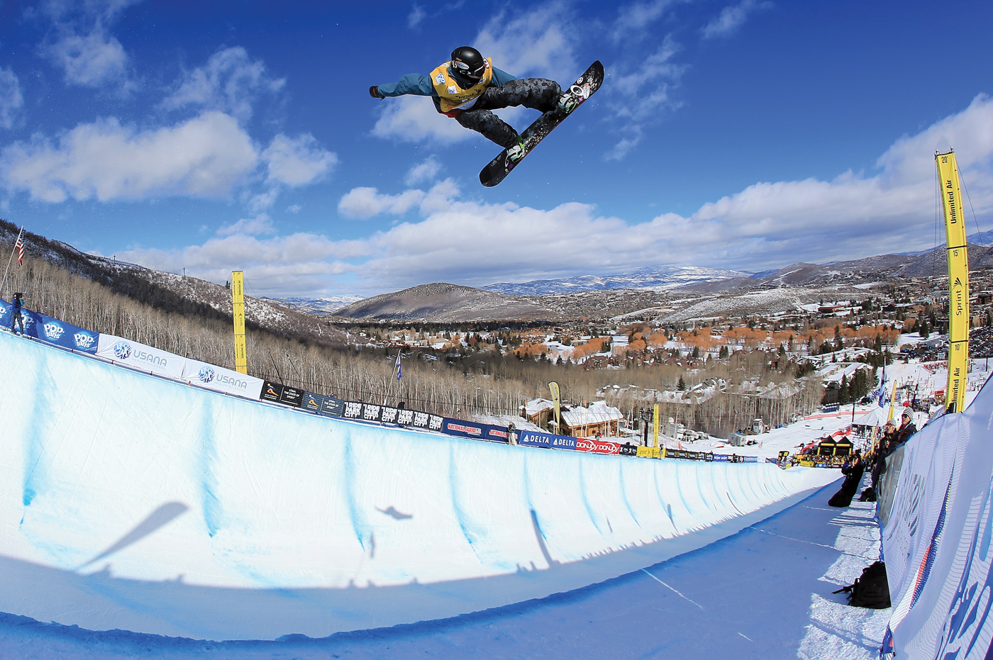 Great Britain’s Ben Kilner flies over the halfpipe at the FIS Snowboard Halfpipe World Cup staged at Park City Mountain Resort in February.