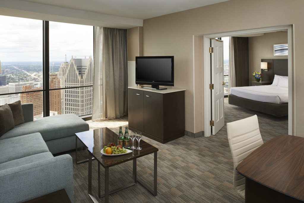 A redesigned suite at the Detroit Marriott at Renaissance Center.