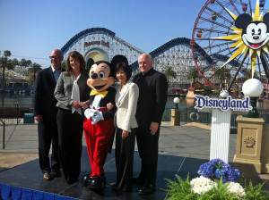 From left to right: Anaheim/Orange County VCB CEO Jay Burress; Visit California CEO Caroline Betata; Mickey Mouse; Disneyland Resort Asia Pacific Sales Director Nicky Tang; and Orange County Visitors Association CEO Ed Fuller
