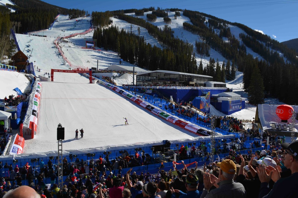 The finish line at Red Tail Stadium, with hospitality structures to the right.