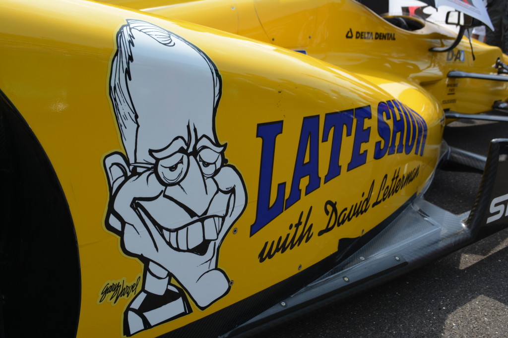Letterman's team car featured a caricature of the late-night host.