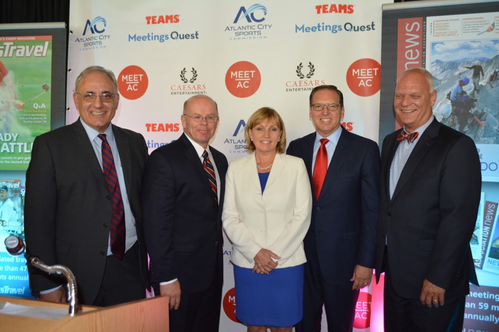 (From left) John Palmieri, executive director of the Casino Reinvestment Development Authority; Jim Wood, president & CEO of Meet AC and the Atlantic City Sports Commission; New Jersey Lt. Governor Kim Guadagno; Tim Schneider, president and CEO of Schneider Publishing; Don Guardian, mayor of Atlantic City.