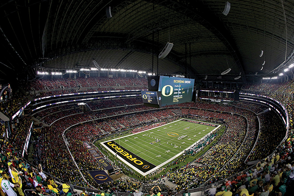 The inaugural College Football Playoff national championship was staged in January at AT&T Stadium in Arlington, Texas, and drew 85,689. Photo by Sarah Glenn/Getty Images.
