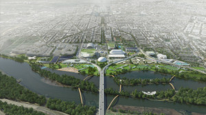 Stitch concept rendering of RFK Stadium campus. Copyright OMA, Rendering by Robota.