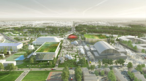 Stitch concept rendering of RFK Stadium campus. Copyright OMA, Rendering by Robota.