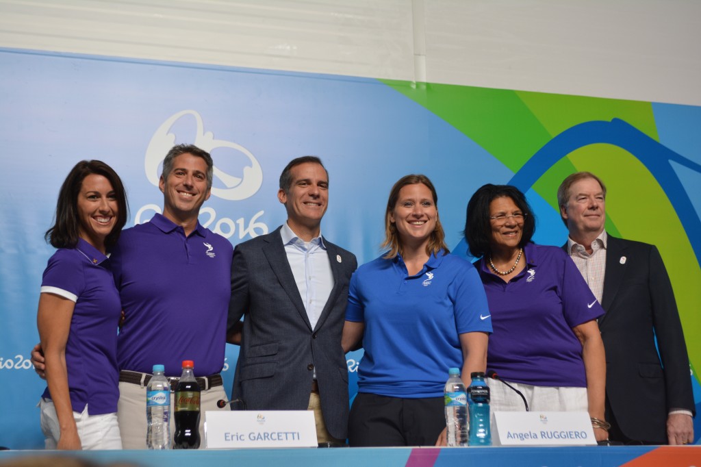 The L.A. bid effort (from left) Olympic swimmer Janet Evans; Bid Chairman Casey Wasserman; L.A. Mayor Eric Garretti; Olympian and IOC member Angela Ruggiero; Olympian and IOC member Anita DeFrantz; USOC Chairman Larry Probst.