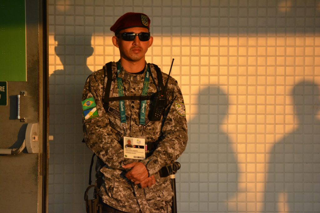 A soldier stands in the Maracana concourse area during the Opening Ceremony.