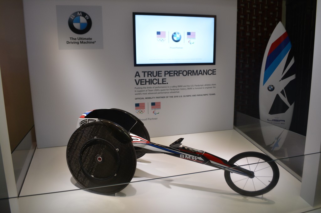 BMW is displaying a racing wheelchair it has redesigned.