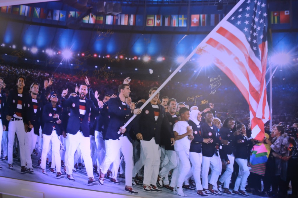 Moments after the Opening Ceremony, the USOC displayed this photo on a wall at USA House for athletes to sign.