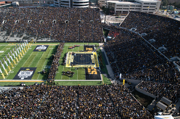 The Grapple on the Gridiron wrestling event between the Iowa and Oklahoma State universities at Iowa City’s Kinnick Stadium set the NCAA wrestling attendance record. Photo courtesy of Brian Ray