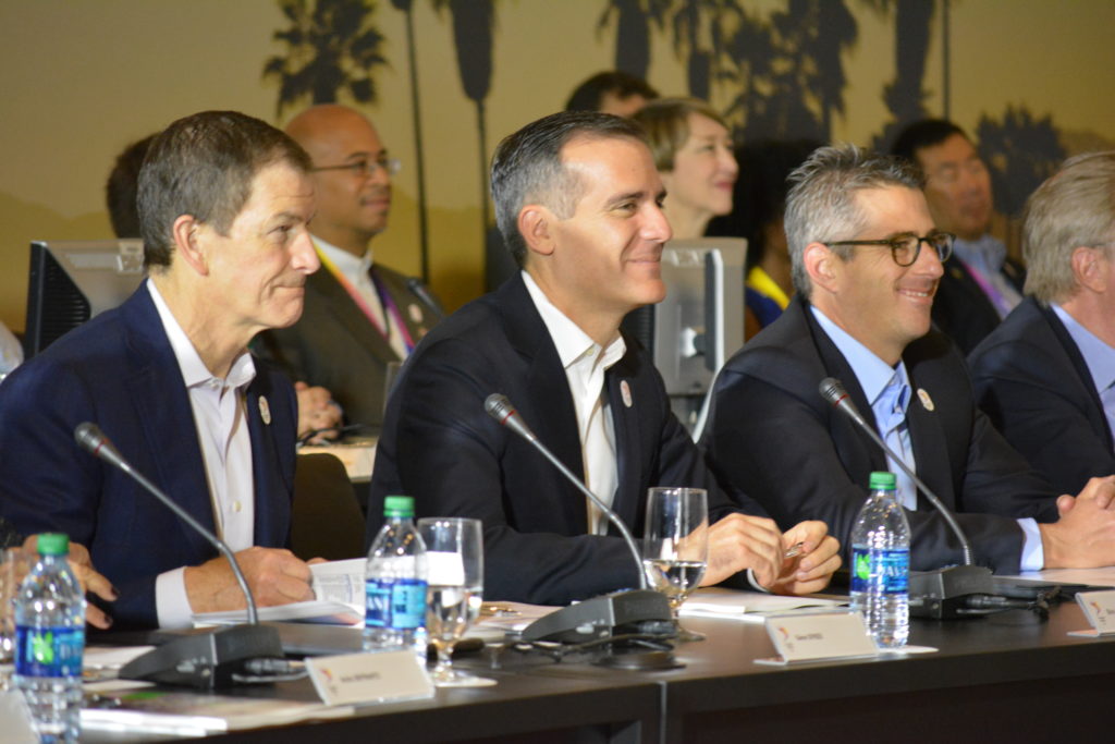 l to r, LA2024 CEO Gene Sykes, LA Mayor Eric Garrett and LA2024 Chairman Casey Wasserman