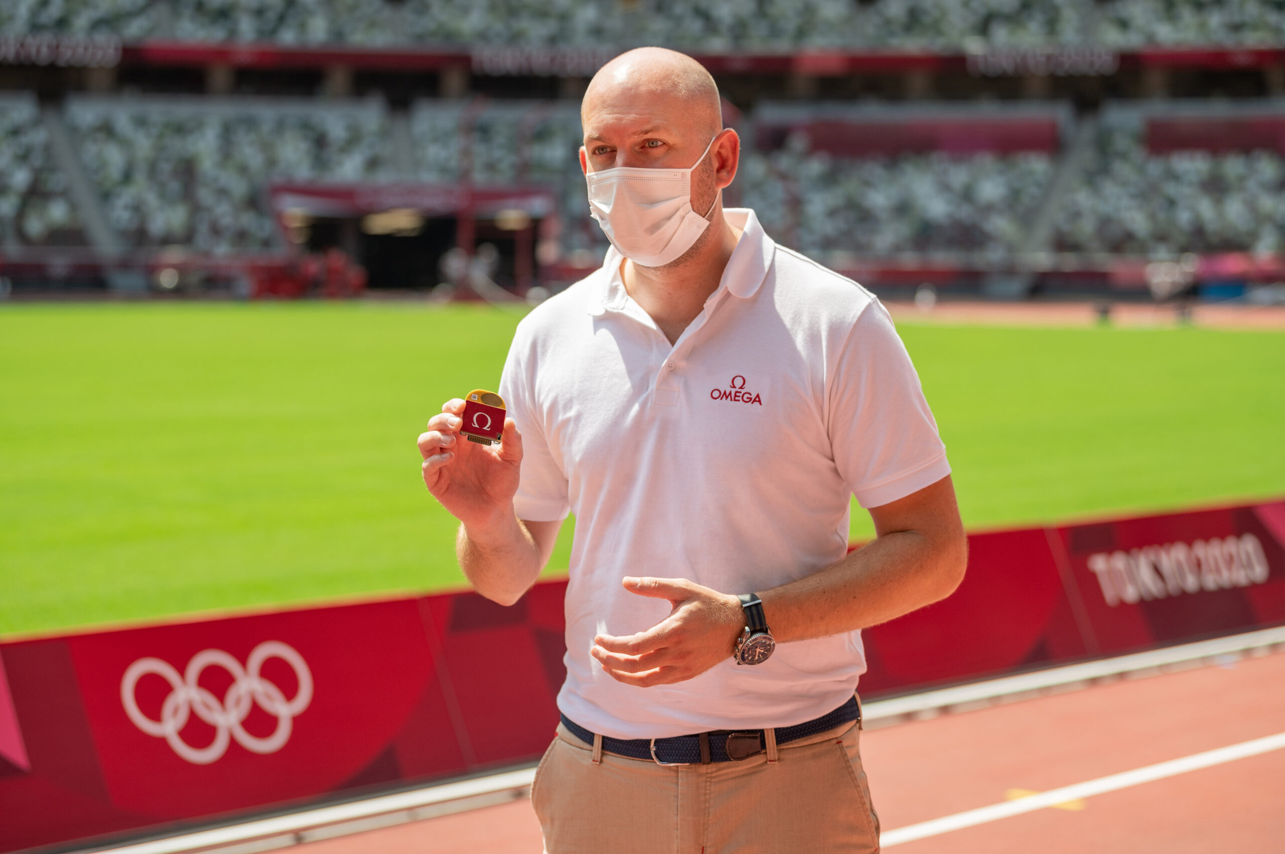 CEO of OMEGA Timing Alain Zobrist with OMEGA Real Time Tracking System