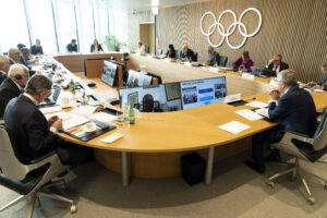 The IOC Executive Board meets at the organization's headquarters in Lausanne, Switzerland, with President Thomas Bach at the head of the table. Photo via IOC