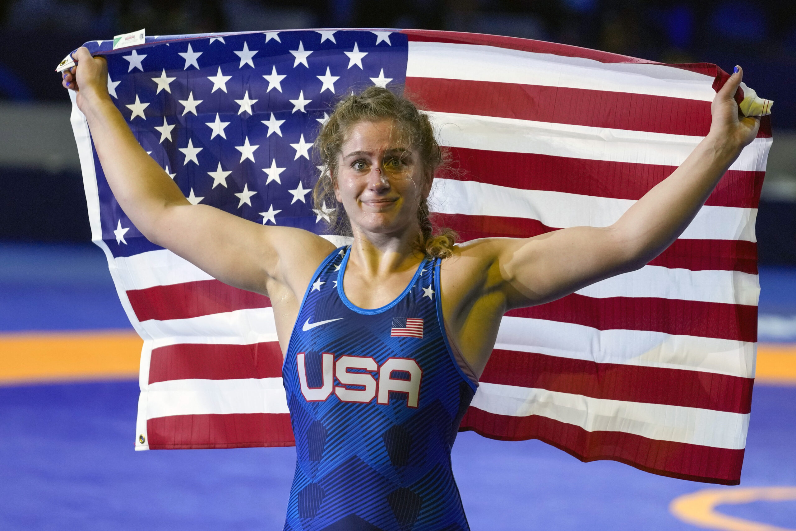 Amit Elor of U.S. celebrates defeating Davaanasan Enkh Amar of Mongolia and winning the women's freestyle 72 kg wrestling final match during the Wrestling World Championships in Belgrade, Serbia, in 2023. (AP Photo/Darko Vojinovic)