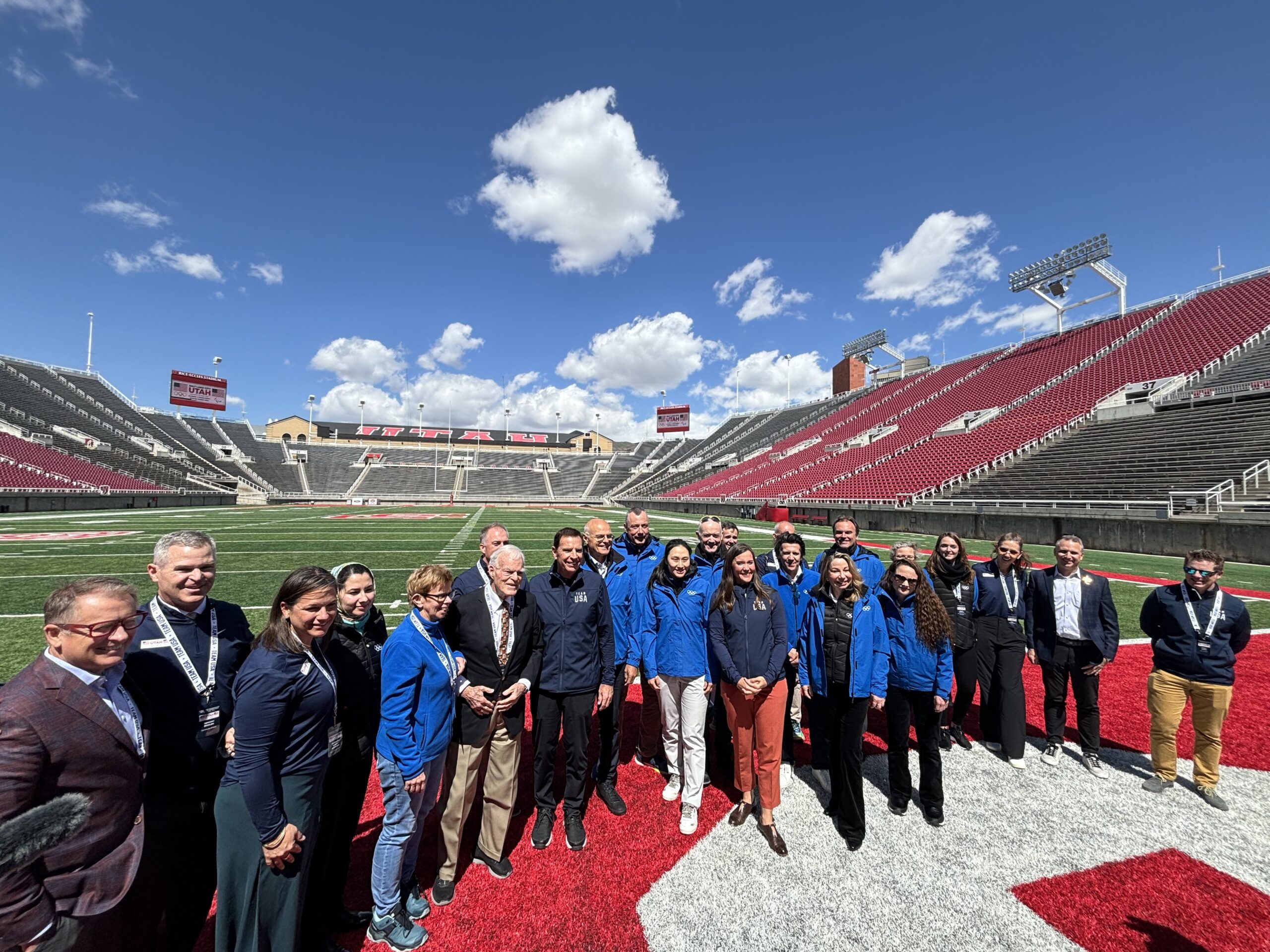 Members of the IOC's Future Host Commission and Salt Lake City-Utah Committee for the pose at Rice-Eccles Stadium, proposed host for the Opening and Closing Ceremonies at the 2034 Olympic and Paralympic Winter Games. Photo by Matt Traub/SportsTravel
