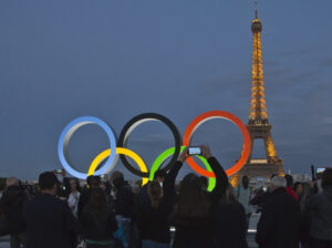 The Olympic rings are set up on Trocadero plaza that overlooks the Eiffel Tower. (AP Photo//Michel Euler, File)