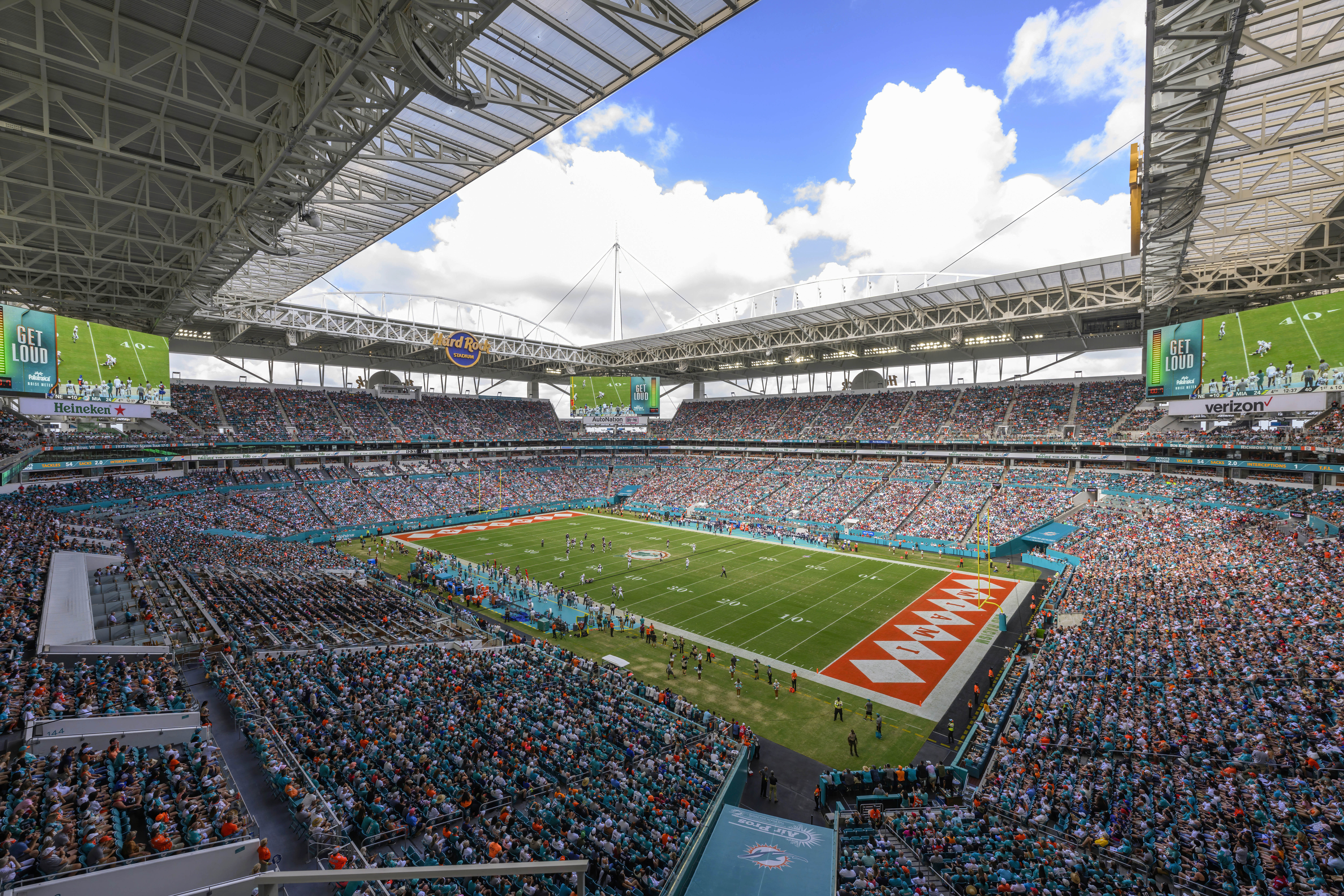A general overall interior view of the Hard Rock Stadium as the New England Patriots take on the Miami Dolphins during an NFL football game, Sunday, Oct. 29, 2023, in Miami Gardens, Fla. The 2026 World Cup final will be played at MetLife Stadium in East Rutherford, N.J., on July 19. FIFA made the announcement Sunday, Feb. 4, 2024, at a Miami television studio, allocating the opener of the 39-day tournament to Mexico City’s Estadio Azteca on June 11. Quarterfinals will be at Gillette Stadium in Foxborough, Mass., on July 9, at SoFi Stadium in Inglewood, Calif., the following day and at Arrowhead Stadium in Kansas City, Mo., and Hard Rock Stadium in Miami Gardens, Fla., on July 11. (AP Photo/Doug Murray)