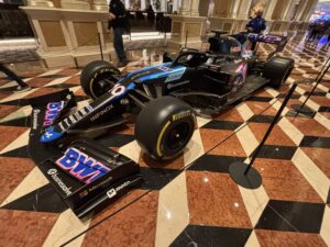 A 2020 version of the Alpine F1 car that raced in Formula 1 was on display in the lobby of the Venetian during race week for the Las Vegas Grand Prix. Photo by Matt Traub/SportsTravel